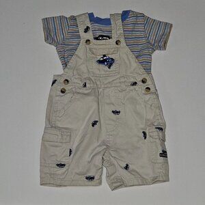 First Impressions Shirt Shortalls Outfit Tan Blue Embroidered Cars 6/9 Months